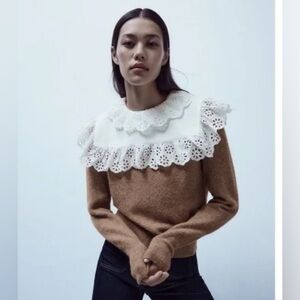 NWT Zara Combination Wool Blend Sweater with Lace Collar